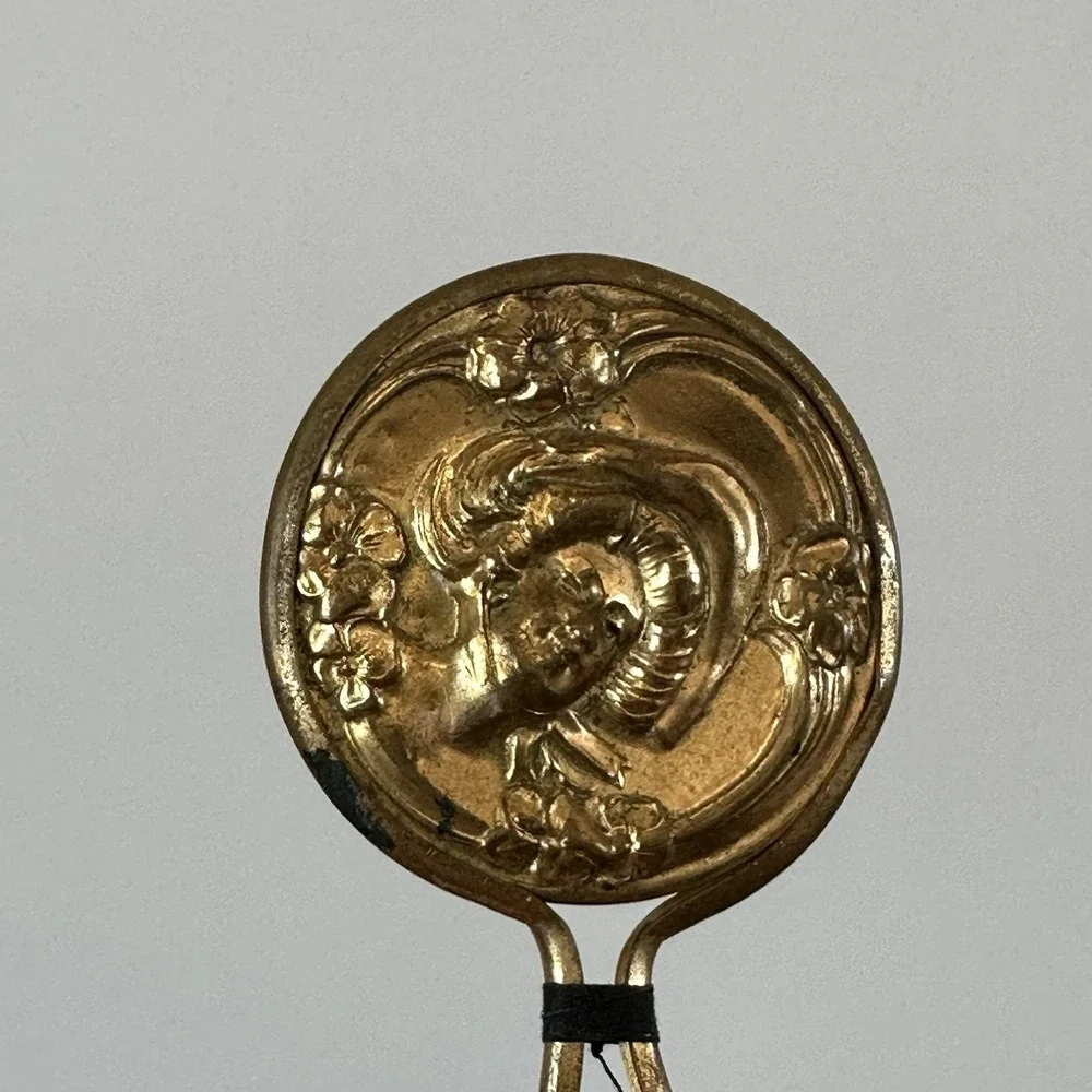 VTG Art Nouveau Small Hand Mirror‎ Gold Lady's Face Purse